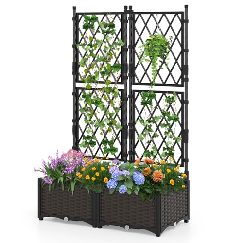 RELAX4LIFE Blumenkasten mit Rankgitter, Hochbeet mit Spalier für Kletterpflanzen mit Bodenlöchern & Selbstbewässerung, Pflanzkasten mit Sichtschutz für Garten Hof Balkon, Schwarz (80 x 40 x 126 cm) von RELAX4LIFE
