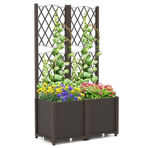 RELAX4LIFE Blumenkasten mit Rankgitter, Rankgitter mit Rattanoptik Pflanzkasten, Pflanzkübel mit Spalier, Hochbeet mit Rankhilfe, Spalier mit Blumentopf für Garten (Kaffee, 80 x 40 x 140 cm) von RELAX4LIFE