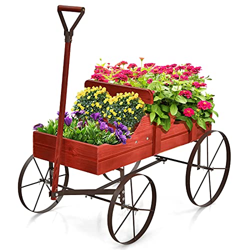 RELAX4LIFE Blumenständer mit 4 Rädern aus Metall, Pflanzwagen aus Massivholz, Holzwagen bis zu 15 kg belastbar, Blumenkasten für Garten & Balkon & Terrasse, Blumenwagen Bollerwagen Deko (Rot) von RELAX4LIFE