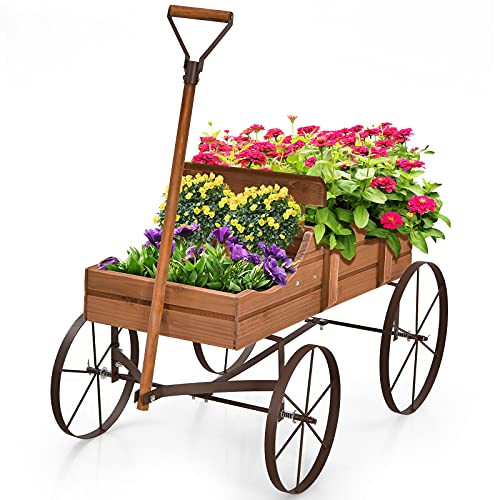 RELAX4LIFE Blumenständer mit 4 Rädern aus Metall, Pflanzwagen aus Massivholz, Holzwagen bis zu 15 kg belastbar, Blumenkasten für Garten & Balkon & Terrasse, Blumenwagen Bollerwagen Deko (Braun) von RELAX4LIFE