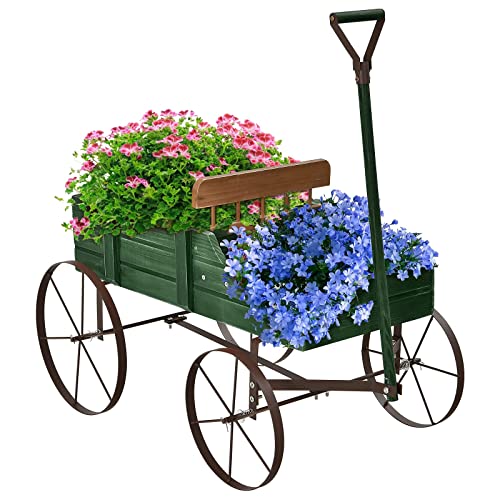 RELAX4LIFE Blumenständer mit 4 Rädern aus Metall, Pflanzwagen aus Massivholz, Holzwagen bis zu 15 kg belastbar, Blumenkasten für Garten & Balkon & Terrasse, Blumenwagen Bollerwagen Deko (Grün) von RELAX4LIFE
