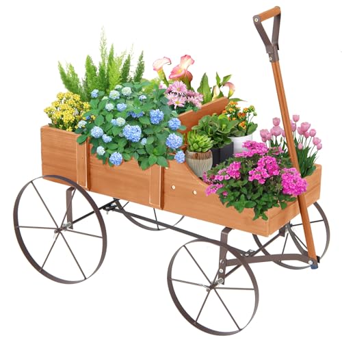 RELAX4LIFE Blumenständer mit 4 Rädern aus Metall, Pflanzwagen aus Massivholz, Holzwagen bis zu 15 kg belastbar, Blumenkasten für Garten & Balkon & Terrasse, Blumenwagen Geschenkwagen Deko (Orange) von RELAX4LIFE