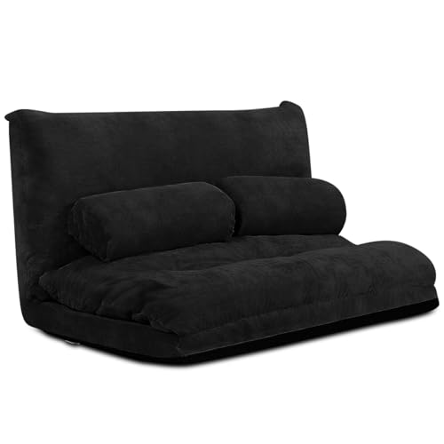 RELAX4LIFE Bodensofa Klappbar, Schlafsofa inkl. 2 Kissen, 3 in 1 Schlafsessel mit 6-stufig Verstellbarer Rückenlehne, Klappsofa mit Bettfunktion, Sofabett für Wohnzimmer Schlafzimmer (Schwarz) von RELAX4LIFE