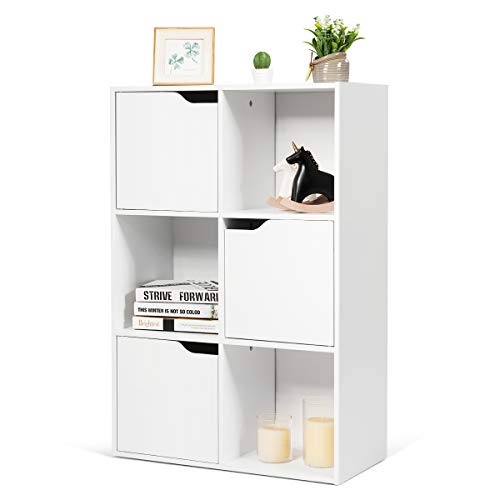 RELAX4LIFE Bücherschrank 6 Fächer, freistehendes Bücherregal mit 3 Türen, stabiles Standregal, Büroregal aus Holz für Wohnzimmer & Studierzimmer & Flur & Büro, Ordnerregal bis 80 kg belastbar, weiß von RELAX4LIFE