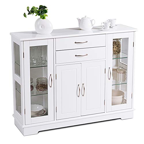 RELAX4LIFE Buffetschrank mit Verstellbarer Ablage, Sideboard mit 2 Glastüren & 2 Schubladen & 1 Doppeltür, Küchenschrank Holz, Eleganter Aufbewahrungsschrank für Küche & Wohnzimmer & Esszimmer (Weiß) von RELAX4LIFE