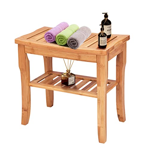 RELAX4LIFE Duschbank Bambus, Badhocker mit Ablage, Sitzhocker Duschhocker Wasserabweisend, Sitzbank Bad mit Rutschfesten Füßen, Mehrzweckhocker, Badezimmerhocker, 48,5 x 27 x 45 cm, Natur von RELAX4LIFE