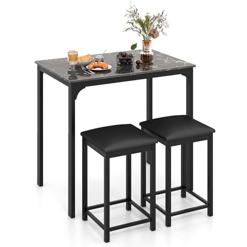 RELAX4LIFE Esstisch Set 3-teilig, Esszimmertisch mit 2 Gepolsterten Barhockern, Küchentischset mit Metallgestell, Essgruppe für 2 Personen, Esszimmergruppe für Küche & Esszimmer (Schwarz) von RELAX4LIFE