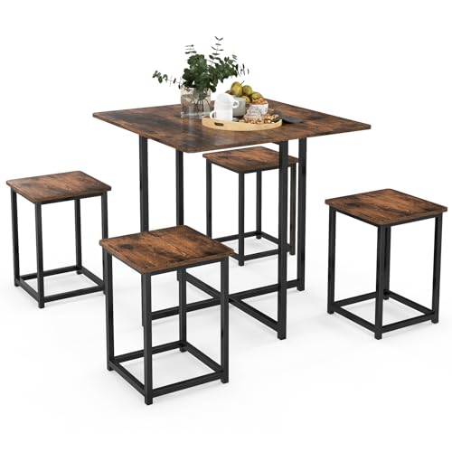 RELAX4LIFE Esstisch Set 5-teilig, Esszimmertisch mit 4 Hockern, Küchentisch Set mit Metallrahmen, Sitzgruppe für 4 Personen, Industriedesign, Esszimmergruppe für Küche Esszimmer (Vintagebraun) von RELAX4LIFE