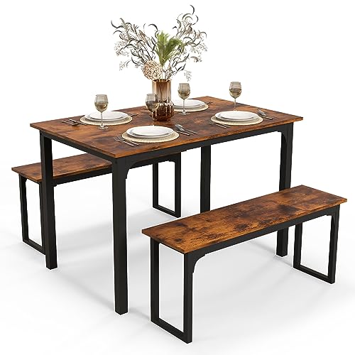 RELAX4LIFE Esstisch mit 2 Bänken, 3-teilige Essgruppe, Küchentischset mit Metallgestell, Esszimmergruppe für 4 Personen, Industriedesign, Bartisch Set für Esszimmer Küche (Rustikales Braun) von RELAX4LIFE