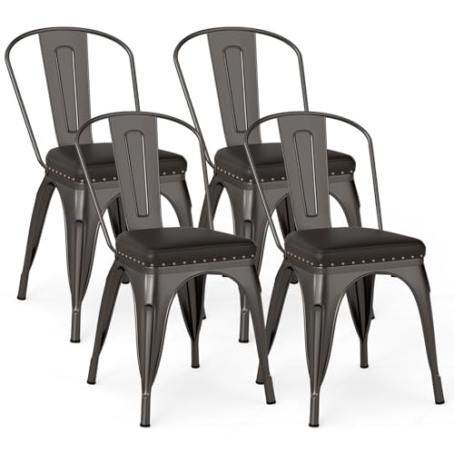 RELAX4LIFE Esszimmerstühle 4er Set, Küchenstühle stapelbar, Bistrostühle mit Abnehmbarer Rückenlehne, Essstühle Metallrahmen, Akzentstuhl für Wohnzimmer, Restaurant, 53 x 44 x 84 cm (Schussgrau) von RELAX4LIFE