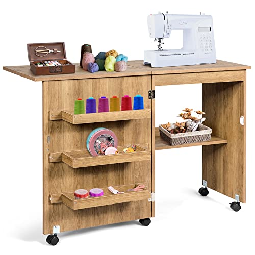 RELAX4LIFE Faltbarer Nähtisch auf Rollen, Nähmaschinenschrank aus Holz, Nähschrank, Mehrzwecktisch, ideal für Wohnzimmer, Schlafzimmer und Arbeitszimmer (Holzfarbe) von RELAX4LIFE