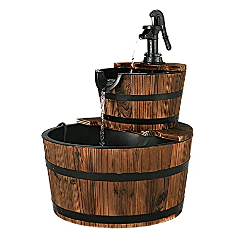 RELAX4LIFE Gartenbrunnen aus Tannenholz, Ø 44,5 cm Holzbrunnen mit Wasserpumpe, Zweistöckiger Springbrunnen mit einstellbarem Wasserdurchfluss, Geschlossener Wasserkreislauf, 19 L, Dekobrunnen Garten von RELAX4LIFE
