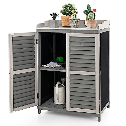 RELAX4LIFE Gartenschrank Holz, Lagerschrank mit Metall-Arbeitsplatte & 3 Rolltüren & 2 Ablagen, Geräteschrank mit 2 Lamellentüren, Holzschrank für Garten Balkon Terrasse, 67 x 47 x 100cm von RELAX4LIFE
