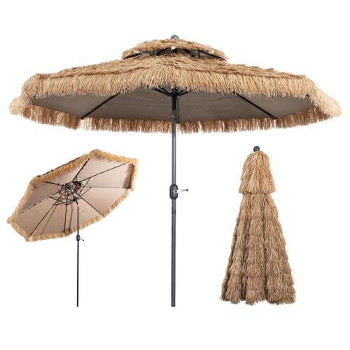 RELAX4LIFE Hawaii Sonnenschirm 300 cm, Reisstroh Strandschirm, Strohschirm mit Neigungsfunktion, Balkonschirm mit Doppeldach, Gartenschirm UV-beständig, Terrassenschirm für Garten & Strand von RELAX4LIFE