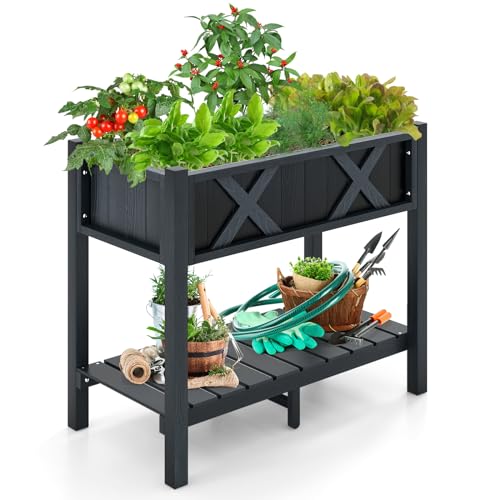 RELAX4LIFE Hochbeet, Kräuterbeet mit Ablagefach & 12 Entwässerungslöchern, Pflanzkasten mit Beinen, Pflanzbeet für Garten Balkon Terrasse, 86 x 45 x 73 cm, Schwarz von RELAX4LIFE