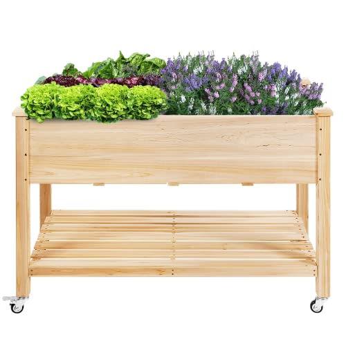 RELAX4LIFE Hochbeet mit 4 Rädern, Blumenbeet Holz, Pflanzbeet mit Ablage & Bewässerungssystem, Blumentrog für Gemüse & Obst & Kräuter, Anzuchtbeet für Garten Balkon Terrasse, 120 x 59 x 84 cm von RELAX4LIFE