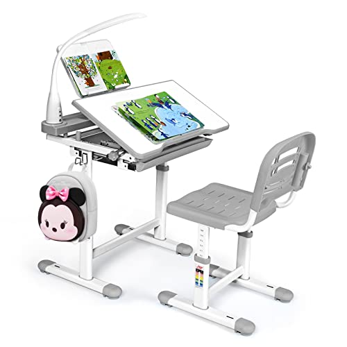 RELAX4LIFE Höhenverstellbarer Kinderschreibtisch mit Stuhl, Schülerschreibtisch mit Augenschutzlampe, Schreibtischset mit Verstellbarer Rückenlehne, Kindertisch mit kippbarer Tischplatte (Grau) von RELAX4LIFE