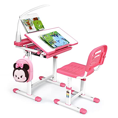 RELAX4LIFE Höhenverstellbarer Kinderschreibtisch mit Stuhl, Schülerschreibtisch mit Augenschutzlampe, Schreibtischset mit Verstellbarer Rückenlehne, Kindertisch mit kippbarer Tischplatte (Rosa) von RELAX4LIFE