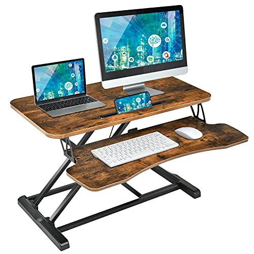 RELAX4LIFE Höhenverstellbarer Sitz-Steh-Schreibtisch, 2-lagiger Monitorständer für Monitor & Laptop, Schreibtisch mit Tastaturablage & Tablet-Halter, ideal für Büro arbeitzimmer, Stehpult (Braun) von RELAX4LIFE