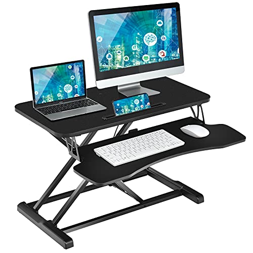 RELAX4LIFE Höhenverstellbarer Sitz-Steh-Schreibtisch, 2-lagiger Monitorständer für Monitor & Laptop, Schreibtisch mit Tastaturablage & Tablet-Halter, ideal für Büro arbeitzimmer, Stehpult (Schwarz) von RELAX4LIFE