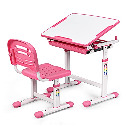 RELAX4LIFE Kinderschreibtisch und Stuhl Set, höhenverstellbarer Schreibtisch mit Schublade und Schultaschenhaken, winkelverstellbarer Schülerschreibtisch für Jungen und Mädchen, PP und Eisen (Rosa) von RELAX4LIFE