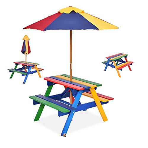 RELAX4LIFE Kindersitzgruppe mit Sonnenschirm Ø 120 cm, Gartenmöbel Set mit 1 Tisch & 2 Bänke, Picknicktisch Massivholz, Kindermöbel für Picknick, Kindersitzgarnitur Indoor Outdoor bis 4, Bunt von RELAX4LIFE