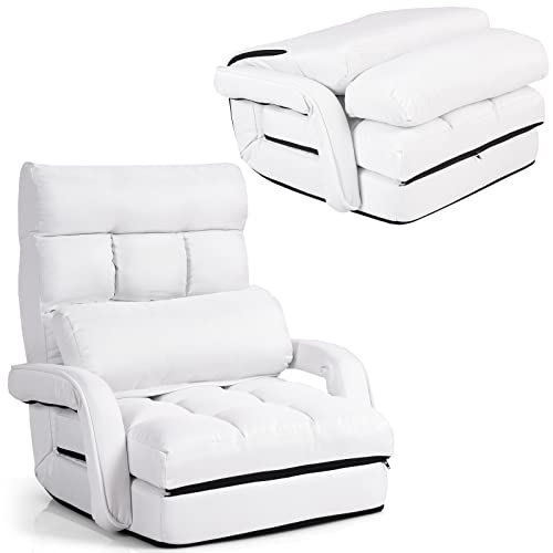 RELAX4LIFE Klappsofa klappbar, Bodensofa Schlaf- & Liegefunktion, Einzelsofa mit Armlehne & Rückenkissen, Klappsessel verstellbar, Bodenstuhlsofa gepolstert, Liegesessel Haus & Büro (weiß) von RELAX4LIFE