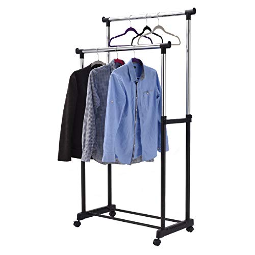 RELAX4LIFE Kleiderständer mit 2 Kleiderstangen, Garderobenständer auf Rollen, 2 Rollen mit Bremse, Garderobe mit Ablage, Doppelkleiderständer, Wäscheständer aus Metall, stabil und höhenverstellbar von RELAX4LIFE