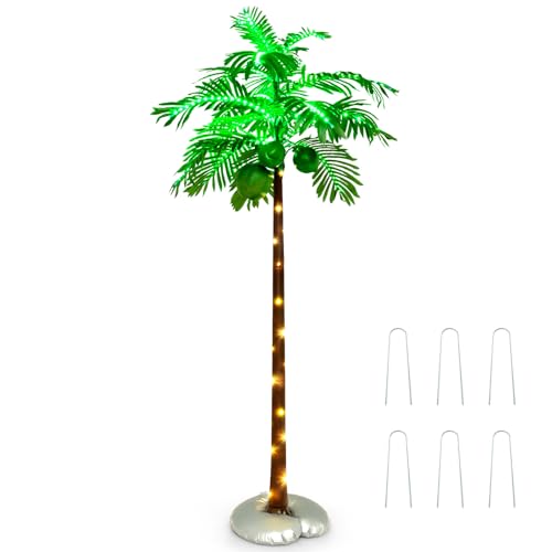 RELAX4LIFE Künstliche beleuchtete Palme 180cm, mit 3 Kokosnüssen & 309 LEDs, für den Innen- & Außenbereich, inkl. 6 Erdspießen & 1 Wasserfüllsack, Tiki-Bar, Tropische Partypool, Terrasse, Hof von RELAX4LIFE