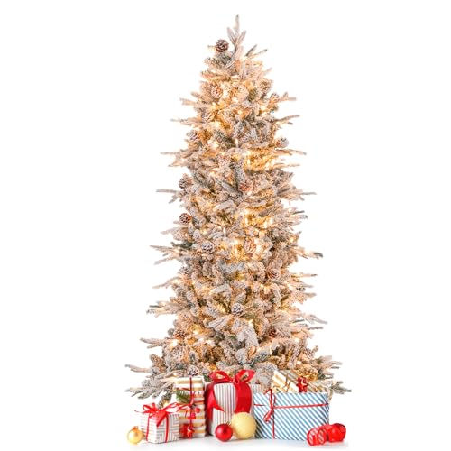 RELAX4LIFE Künstlicher Weihnachtsbaum mit Schnee 180 cm Tannenbaum mit 210 LEDs & 36 Tannenzapfen Christbaum mit 715 Zweigspitzen aus PE & PVC von RELAX4LIFE