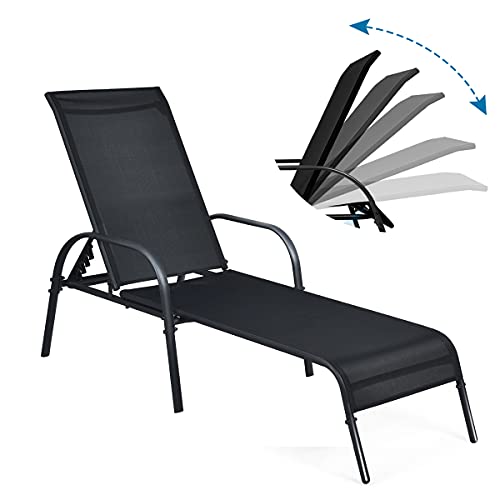 RELAX4LIFE Liegestuhl, Relaxliege mit verstellbare Rückenlehne(5-stufig) & Armlehne, Sonnenliege für Garten & Strand & Terrasse & Balkon, wetterfeste Strandliege Metallrahmen, bis 160 kg belastbar von RELAX4LIFE