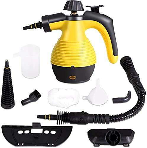 RELAX4LIFE Mehrzweck-Dampfreiniger, Handdampfreiniger 350ml Wassertank, Handgerät mit 9 Zubehörteilen, 3 bar, mit Sicherheitsschloss, Aufheizzeit: 3-5 min, 1050W, für Fenster & Teppiche & Boden (Gelb) von RELAX4LIFE