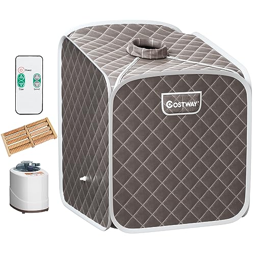 RELAX4LIFE Mini Dampfsauna 2L, Heimsauna mit Fernbedienung, Sitzsauna mit 9 Temperaturstufen bis 45°C & Timer bis 99 Min, Mini Sauna 1000W Verdampfer, Saunakabine mit Zubehör (Grau) von RELAX4LIFE