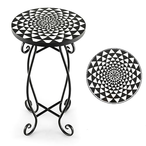 RELAX4LIFE Mosaik Beistelltisch, Gartentisch Rund, Mosaiktisch ∅30 x 50 cm, Bistrotisch aus Metall Keramik, Blumenhocker Klein, Balkontisch für Balkon Terrasse Garten (Schwarz+Weiß) von RELAX4LIFE