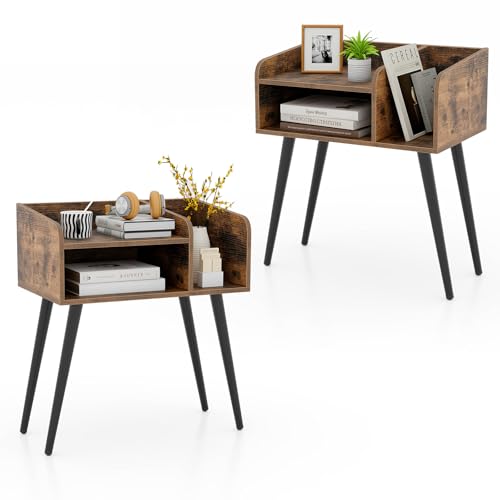 RELAX4LIFE Nachttisch 2er Set, Beiselltisch mit 3 offenem Ablagefach, Nachtschrank mit 4 Metallbeinen, Nachtkommode, Sofatisch für Wohnzimmer, Schlafzimmer, kleinen Raum, 50 x 32 x 58 cm, Braun von RELAX4LIFE