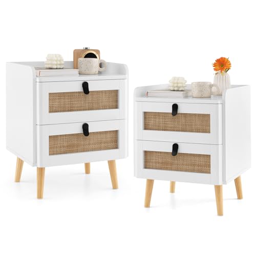 RELAX4LIFE Nachttisch mit 2 Schubladen, Nachtschrank mit Massivholzbeinen, Nachtkommode mit Metallgriffen & Rattan-Design, Beistelltisch mit Kippsicherung, Weiß (2, 45×40×57 cm) von RELAX4LIFE
