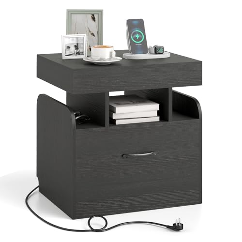 RELAX4LIFE Nachttisch mit Ladestation (2 AC-Steckdosen 1 USB 1 Typ-C), Nachtkommode mit Geheimfach, Schublade, offenen Regalen, Nachtschrank für Schlafzimmer Wohnzimmer Büro, 50 x 40 x 55 cm (Schwarz) von RELAX4LIFE
