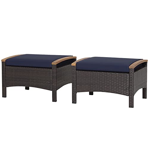 RELAX4LIFE Outdoor-Ottomane aus Korbgeflecht für die Terrasse, 2 Stück, PE-Rattan-Ottomane, Fußstütze Sitz mit Reißverschluss, Griffe aus Akazienholz, 3-in-1-Fußhocker, Beistelltisch für Pool von RELAX4LIFE