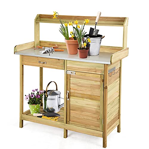 RELAX4LIFE Pflanztisch, Gartenarbeitstisch mit verzinkt Arbeitsplatte, Gärtnertisch aus Holz, Blumentisch mit 3 Haken, Schubladen, Unterschrank und offenem Regal, Gartentisch Wetterfest, 112x46x125 cm von RELAX4LIFE