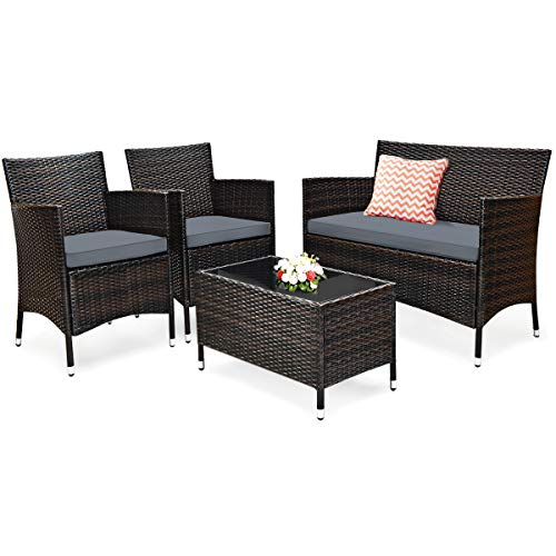 RELAX4LIFE Polyrattan Gartenmöbel Set 4-teilig, Rattan Sitzgruppe mit 2 Rattanstühlen & Rattanbank & Rattantisch mit Glasplatte, Rattanmöbel Set mit Sitzkissen, Terrasse Garten Balkon (Kissen in Grau) von RELAX4LIFE