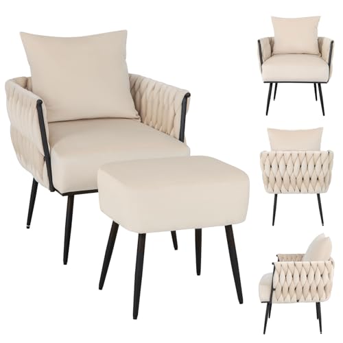 RELAX4LIFE Relaxsessel mit Hocker, Loungesessel mit Ottomane & Kissen, Fernsehsessel mit Metallbeine, Ohrensessel aus Samt, bis 150 kg belastbar, Sessel für Wohnzimmer Schlafzimmer (Beige) von RELAX4LIFE