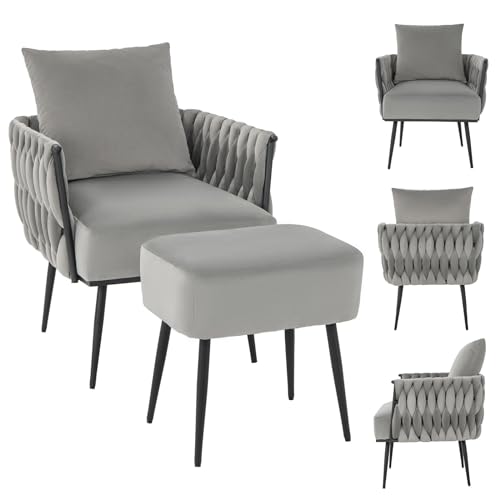 RELAX4LIFE Relaxsessel mit Hocker, Loungesessel mit Ottomane & Kissen, Fernsehsessel mit Metallbeine, Ohrensessel aus Samt, bis 150 kg belastbar, Sessel für Wohnzimmer Schlafzimmer (Grau) von RELAX4LIFE