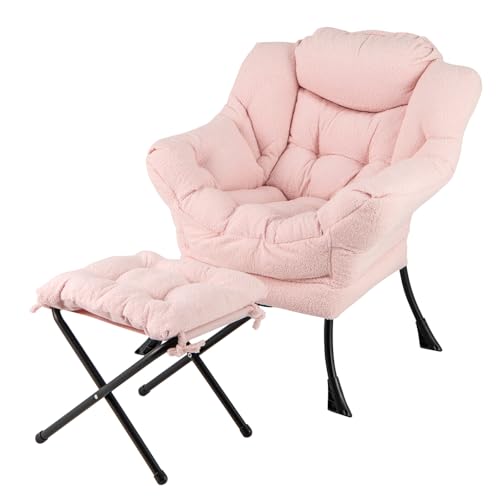 RELAX4LIFE Relaxsessel mit Hocker, moderner Akzentstuhl mit klappbarer Fußstütze, Kopfkissen & Seitentasche, gepolsterter Sessel & Fußstütze für Wohnzimmer, Schlafzimmer & Studentenwohnheim (Rosa) von RELAX4LIFE