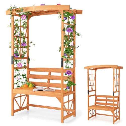 RELAX4LIFE Rosenbogen mit Bank, 120 x 58 x 189 cm, 2-Sitzer Gartenbank Holz, Sitzbank mit Rankgitter, Rankhilfe für Kletterpflanzen & Verzierung, Rankbogen Gartenbogen, Torbogen Garten von RELAX4LIFE