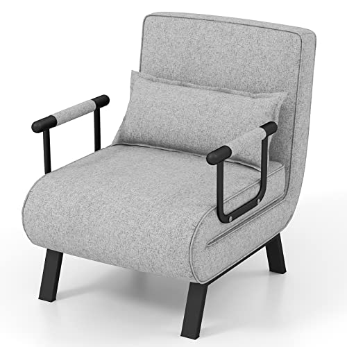 RELAX4LIFE Schlafsessel 4 in 1, Schlafsofa mit Bettfunktion, Klappsessel mit 6-stufig Verstellbarer Rückenlehne&Abnehmbarem Kissen&Armlehnen, bis 150kg belastbar, Gästebett für Wohnzimmer (Hellgrau) von RELAX4LIFE