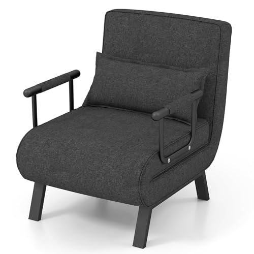 RELAX4LIFE Schlafsessel 4 in 1, Schlafsofa mit Bettfunktion, Klappsessel mit 6-stufig Verstellbarer Rückenlehne&Abnehmbarem Kissen&Armlehnen, bis 150kg belastbar, Gästebett für Wohnzimmer (Dunkelgrau) von RELAX4LIFE