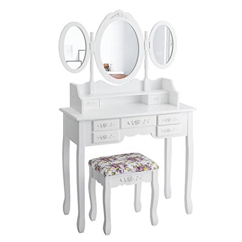 RELAX4LIFE Schminktisch Set mit Spiegel, Kosmetiktisch, Frisiertisch, Frisierkommode mit offenem Regal, mit 7 Schubladen, gepolsterter Hocker, moderner Stil, für Schlafzimmer und Wohnzimmer (Weiß) von RELAX4LIFE