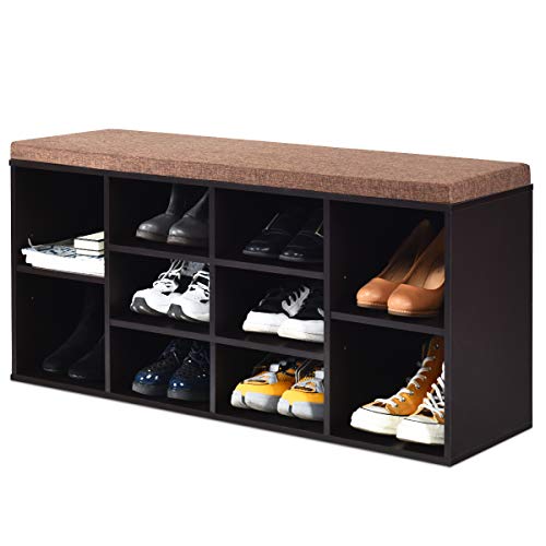 RELAX4LIFE Schuhbank mit Sitzfläche, Schuhregal aus Holz, Schuhkommode mit 2 verstellbaren Regalen, Schuhablage mit Sitzkissen, Schuhtruhe für Flur & Eingang, Sitzbank, 104 x 30 x 48 cm (Braun) von RELAX4LIFE