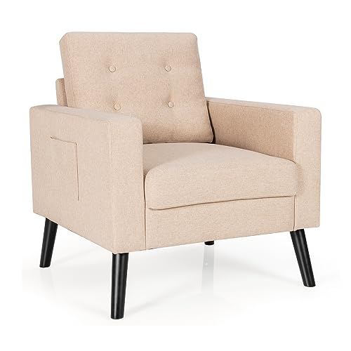 RELAX4LIFE Sessel, Polstersessel mit Armlehnen&Rücken-&Sitzkissen, Relaxsessel mit Holzbeinen, Wohnzimmerstuhl mit 2 Seitentaschen, Einzelsessel für Wohnzimmer Schlafzimmer Büro, 81×67×86cm (Beige) von RELAX4LIFE