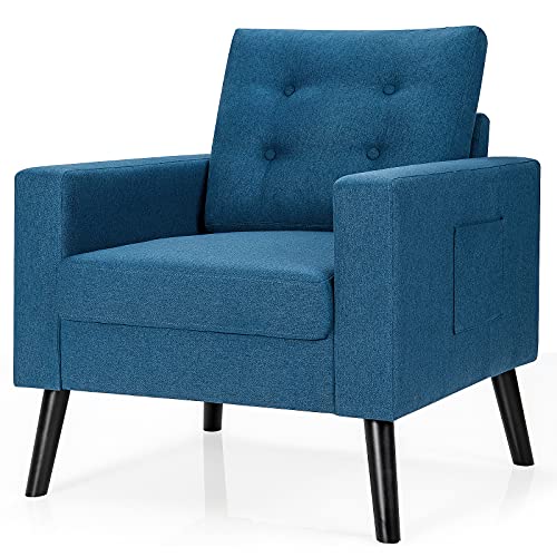 RELAX4LIFE Sessel, Polstersessel mit Armlehnen&Rücken-&Sitzkissen, Relaxsessel mit Holzbeinen, Wohnzimmerstuhl mit 2 Seitentaschen, Einzelsessel für Wohnzimmer Schlafzimmer Büro, 81×67×86cm (Blau) von RELAX4LIFE